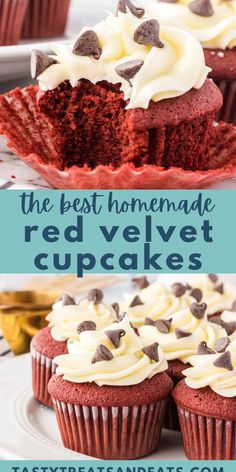 the best homemade red velvet cupcakes with white frosting and chocolate chips on top