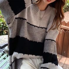 grey and black stripes sweaters oversized color block sweater women's colorful striped knit jumper rainbow striped sweater crewneck knitwear #knit #knitting #knitted #sweater #sweaters #stripes #striped Sweaters For Fall, Striped Sweaters, Spring Wardrobe Essentials, Oversized Striped Sweater, Colorblock Sweater, Trendy Winter, Flying Monkey Jeans, Denim Accessories, Jeans Size Chart