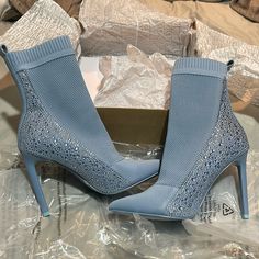 New In Box Steve Madden Majesty Embellished Mesh High Heeled Booties Blue Size 9 Never Worn Blue Pointed Toe Boots With Rhinestones, Blue Rhinestone Boots With Pointed Toe, Spring Blue Boots With Rhinestones, Blue Rhinestone Boots For Spring, Blue Rhinestone Pointed Toe Boots, Blue Embellished Party Boots, Embellished Blue Party Boots, Blue High Heel Boots With Rhinestones, Blue Party Boots With Rhinestones