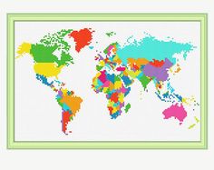 a cross stitch world map with different colors