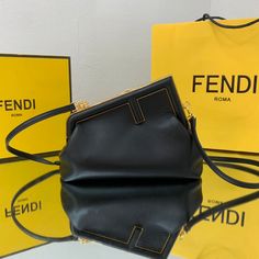 Description FND First Small Black For Women, Women’s HandBags, Shoulder And Crossbody Bags 10.2in/26cm FF 8BP129ABVEF0KUR Rep 1:1 Small FND First bag made of soft, black nappa with oversized metal F clasp with tone on tone nappa bands. Can be carried by hand as a clutch or worn on the shoulder thanks to the detachable shoulder strap. 26 x 9.5 x 18 cm / 10.2 x 3.7 x 7.1 inches (Length x height x width) Featuring an internal compartment lined in an iconic FF motif fabric Pull out internal attachme One Bag, Fendi Bags, Monaco, Leather Backpack, Bag Making, Wedding Styles, Fashion Backpack, Designer Handbags, Contact Us