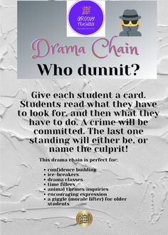 a poster with the words drama chain who dunit? and an image of a man in