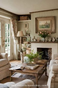 a living room filled with furniture and a fire place in front of a window next to a fireplace