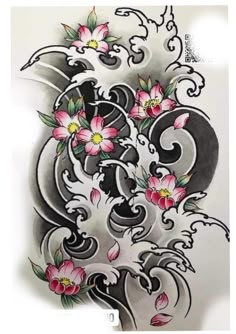 an artistic tattoo design with flowers and swirls