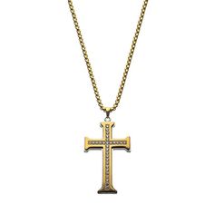 "Showcase the strength of your faith with this handsome gold tone stainless steel cross pendant necklace. Showcase the strength of your faith with this handsome gold tone stainless steel cross pendant necklace. Pendant size: 50 mm x 7.5 mm Chain length: 24 in. Chain type: box Clasp: lobster claw Metal: stainless steel Plating: ion plated Finish: polished Additional details: cubic zirconia accent Packaging: boxed Please note, due to the high value of this item, a signature may be required upon de Gold Stainless Steel Cross Pendant Necklace, Gold Crucifix Cross Necklace In Stainless Steel, Gold Stainless Steel Crucifix Cross Necklace, Gold Stainless Steel Crucifix Necklace, Stainless Steel Cross Pendant, Steel Cross, Box Clasp, Necklace Size, Mens Gold