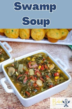 two white bowls filled with soup next to muffins on a wooden table and text overlay