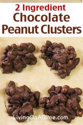 chocolate peanut clusters on parchment paper with text overlay reading 2 ingredient chocolate peanut clusters