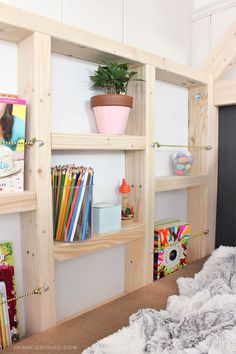 the bookshelf is made out of wood