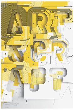 an abstract art work with yellow and white letters