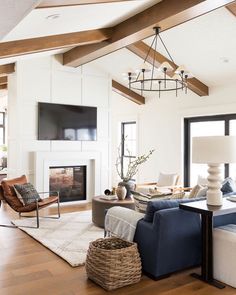 a living room filled with furniture and a flat screen tv mounted on the wall above a fireplace