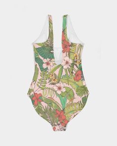 Women's classic one-piece swimsuit, with vintage tropical floral print. Built in bra padding and fully lined. Product Details With its simple scoop neck and modest cuts, our Women's One-Piece Swimsuit compliments all body types. Stretchy, padded, and built-in UPF 50+, this swimsuit offers excellent comfort, support, and UV protection. Smooth, breathable fabric Scoop neck, tank straps Built in bra, soft removable cups UPF 50+ Printed, cut, and handmade to order (allow 2-4 days production) Size & Fitted Palm Tree Print Swimwear For Summer, Fitted Palm Tree Print Swimwear For Beach Season, Stretch Floral Print Bodysuit For Vacation, Tropical Fitted Swimwear With Palm Tree Print, Fitted Tropical Swimwear With Palm Tree Print, Spring Swimwear With Palm Tree Print, Spring Swimwear With Palm Tree Print For Swimming, Fitted Beachwear Swimwear With Palm Tree Print, Fitted Tropical Printed Tankini