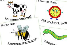 four cards with pictures of different animals and their names on them, including a bee, a cow, a snake, and a clock