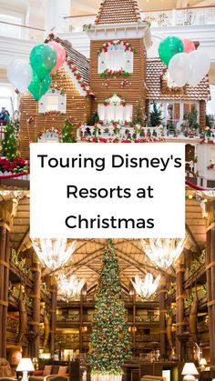 the lobby at disney's resort at christmas is decorated with balloons and garlands