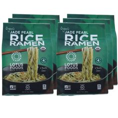 three bags of jade pearl rice ramen are shown in front of each other on a white background