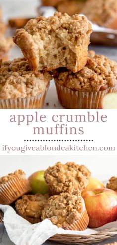 apple crumble muffins are stacked on top of each other