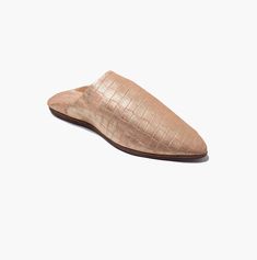 an image of a shoe that is made out of copper colored leather and has a pointed toe