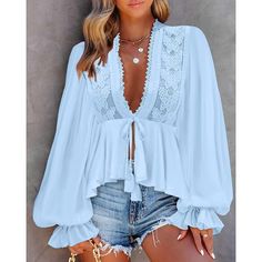 Season:Summer; Fabric:Cotton; Look After Me:Machine wash,Wet and Dry; Gender:Women's; Thickness:Standard; Style:Fashion; Elasticity:Micro-elastic; Tops Type:Blouse,Shirt; Occasion:Street,Daily; Fit Type:Regular Fit; Pattern:Plain; Design:Lace; Neckline:V Neck; Listing Date:05/30/2024; Production mode:External procurement; Bust:; Length:; Fit US Size:; Fit UK Size:; Fit EU Size:; Print Type:non-printing; Sleeve Length:Long Sleeve Lantern Sleeve Top, Shirt Blouses Women's, Lantern Sleeve, Mode Inspiration, Outfit Casual, Lantern Sleeves, V Neck Tops, Casual Outfit, All Fashion