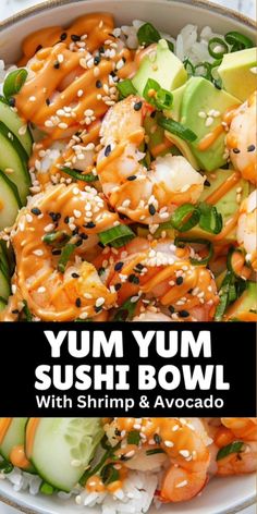 a bowl filled with shrimp, cucumber and carrots covered in sesame seeds