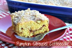 a piece of pumpkin streuse coffee cake on a red plate with a fork