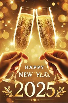 two hands holding champagne glasses with the words happy new year 205 on it and sparkling lights in the background