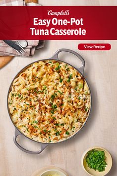 a casserole is shown on the cover of this cookbook, easy one - pot tuna casserole