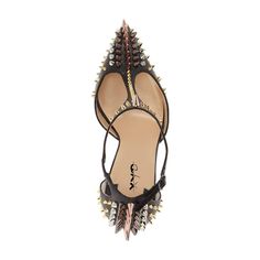 Leather High Heel Sandals With Spikes, Leather Heels With Studs And Closed Toe, Studded Leather Heels With Closed Toe, Leather T-strap Heels With Removable Insole, Leather Heels With Spikes And Round Toe, Leather Sandals With Spikes And Round Toe, Block Heel Pumps, Spot Lights, Strap Pumps