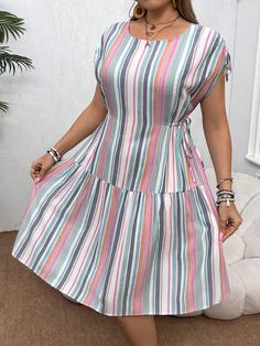 Multicolorido Casual Collar Sem Mangas Tecido Listrado Em A,Bata Embellished Não elástico Simple Dress Casual, Long Dress Plus Size, Casual Frocks, Beautiful Casual Dresses, Classy Dress Outfits, Short Dresses Casual, Frock Design