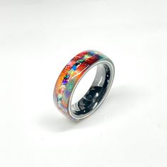 🎁 FREE Wood Ring Box with every ring purchase! ❤️ Make it personal! I offer ring engravings on all metal, wood or antler lined rings. Click the link below for details! https://www.etsy.com/listing/810128772/custom-ring-engraving 💎 This Rainbow DiamondCast ring is inlaid with a hand selected mixture of colorful hand crushed opals. Diamond Dust Ring made of real diamonds! Comes with a Certificate of Authenticity for the diamonds. 📏 Ring shown is 6mm wide. Please read below for other width consi Multicolor Polished Rings Perfect As Gift, Multicolor Polished Rings As A Gift, Multicolor Polished Finish Rings For Gift, Multicolor Polished Rings For Gifts, Unique Multicolor Rings With Polished Finish, Unique Rainbow Rings As Gift, Unique Rainbow Colored Rings As Gift, Unique Rainbow Rings For Gifts, Artistic Multicolor Rings For Gifts