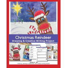 the christmas reindeer drawing and creative writing project is shown in front of a red background