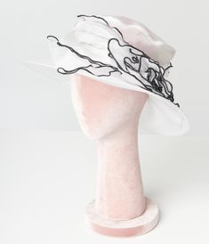 Ivory & Black Floral Hat - Unique Vintage - Womens, ACCESSORIES, HATS Evening Hat With Ribbon And Curved Brim, Royal Ascot Adjustable Wide Brim Cloche Hat, Adjustable Brimmed White Costume Hat, White Adjustable Brimmed Costume Hat, White Adjustable Hat For Church, White Adjustable Cloche Hat For Garden Party, Cream Adjustable Top Hat For Kentucky Derby, Adjustable White Cloche Hat For Garden Party, Adjustable White Hat For Church