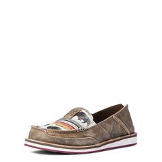 a women's loafer in metallic leather with colorful stripes on the upper part