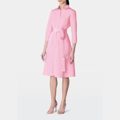 Carolina Herrera shirtdress in silk faille. Approx. length:  43" from shoulder to hem. Collar. Three-quarter sleeves. A-line silhouette. Hem hits about at the knee. Silk. Dry clean. Made in Portugal. Elegant Half Sleeve Shirt Dress For Work, Elegant Pink Shirt Dress For Work, Elegant Half Sleeve Shirt Dress, Silk Summer Dress With 3/4 Sleeves, Summer Silk Dress With 3/4 Sleeves, Elegant 3/4 Length Day Dresses, Chic Half Sleeve Shirt Dress For Work, Knee-length Shirt Dress For Spring Formal, Elegant Formal Pink Shirt Dress