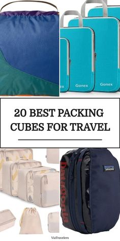 "Packing cubes for travel in different sizes and brands next to text reading '20 Best Packing Cubes for Travel'." Travel Cubes Organizers