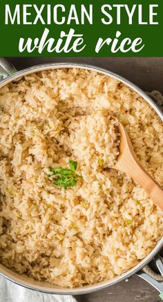 mexican style white rice in a silver pan with a wooden spoon on the side and text overlay