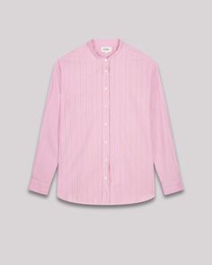 Women's striped cotton poplin shirt. Without collar and visible button placket. Inverted pleat at the back and sleeves with simple cuffs. Mother-of-pearl buttons. Shirt Without Collar, Leopard Jacket, Woman Shirt, Cotton Poplin Shirt, Poplin Shirt, Mother Of Pearl Buttons, Pearl Buttons, Button Placket, Cotton Poplin