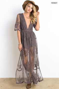 Out til Midnight dress-Gypsy Outfitters Lace Maxi Romper, Bohemian Schick, Maxi Romper Dress, Plunging Neckline Dress, Mode Hippie, Maxi Romper, Moda Paris, Lace Romper, Lace Maxi