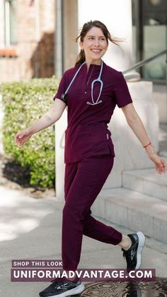 Featuring the Movement by Butter-Soft Women’s 6-Pocket Zip Closure Neck Scrub Top and Cephei Women's 11-Pocket Jogger Scrub Pants in the color wine. Nursing Scrubs Pattern, Scrubs Pattern, Female Dentist, Medical Fashion, Medical Scrubs Outfit