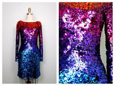 "Another colorful vintage party dress! Fully embellished with vibrant sequins all over in an ombre rainbow design. There's a bit of stretch in the material, so measurements are taken unstretched and stretched. It's in perfect condition! Size 4 measurements: Bust - 32/34\" Waist - 25/27\" Hips - 34/36\" Length - 33\" Tag Size - 4 Size 8 measurements: Bust - 36/38\" Waist - 28/30\" Hips - 38/40\" Length - 34\" Tag Size - 8 This dress comes from a pet-free and smoke-free home. If you would like mor Summer Party Dress With Rainbow Print, Multicolor Fitted Disco Dresses, Multicolor Fitted Sequin Dress For Cocktail, Fitted Multicolor Sequin Cocktail Dress, Fitted Multicolor Sequin Dress For Cocktail, Rainbow Sequined Party Dress, Rainbow Sequin Party Dress, Rainbow Sequin Dress, Costume Box