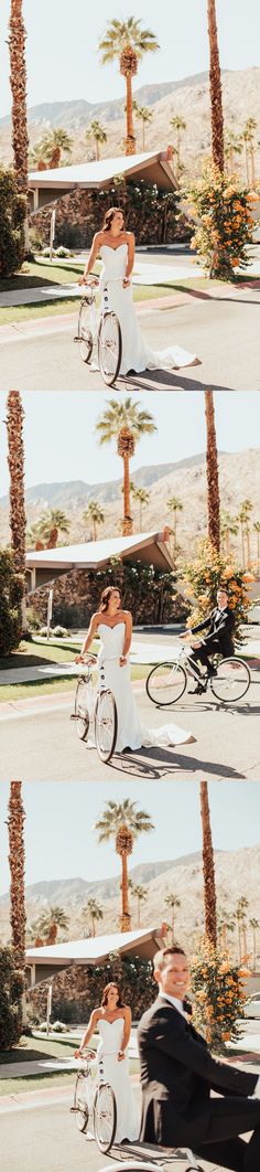 a man riding a bike next to a woman in a white dress on a beach