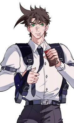 an anime character holding a drink and looking at the camera with one hand on his hips