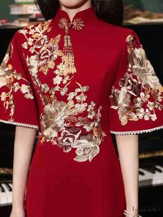 Lasaky - Tang-Sational: Luxurious Long Cheongsam with Red Accents Chinese Dresses, Anime Clothing, Golden Flower, Cheongsam Dress, Printed Wrap Dresses, Long Sleeve Short Dress, Chinese Clothing, Clothing Design, Chinese Dress