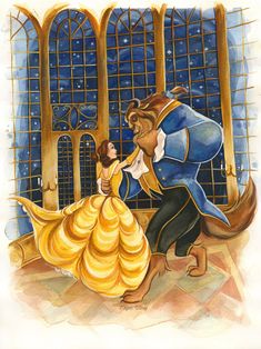 a watercolor painting of a man and woman dressed as beast and princess dancing in front of a castle window