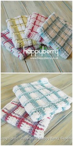 crocheted dishcloths are shown in three different colors and sizes, with the words happyberry written on them