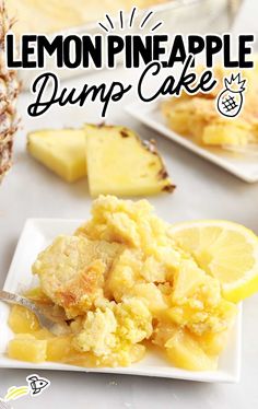 lemon pineapple dump cake on a white plate