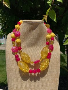 Hot Pink Yellow Chunky Beaded Necklace / Statement / Round Beads / Flat Beads Multicolor Beaded Plastic Necklace, Plastic Round Beads Necklace For Gift, Plastic Beaded Necklace With Round Beads, Adjustable Pink Resin Necklace, Handmade Pink Plastic Necklace, Colorful Round Beaded Resin Jewelry, Resin Beaded Necklaces With Round Beads For Gifts, Resin Beaded Necklaces With Round Beads As Gift, Yellow Necklace With Colorful Oval Beads