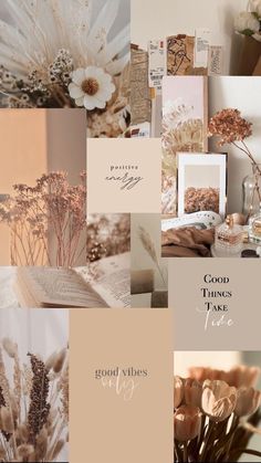 a collage of different images with flowers and books on top of each one, including the words good things are love