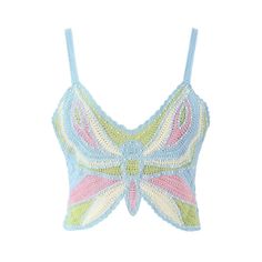 a crocheted top with a butterfly pattern on the front and back, in pastel colors