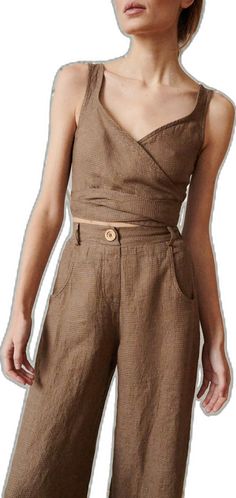 Brown Sleeveless Linen Top, Sleeveless Brown Linen Top, Brown Linen Tops For Spring, Brown Relaxed Fit Linen Top, Brown Linen Relaxed Fit Tops, Brown Linen Spring Tops, Versatile Cropped Linen Tops, Versatile Beige Linen Top, Brown Linen Blouse For Spring