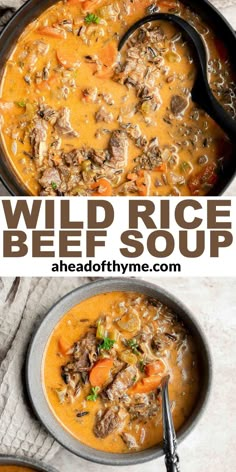 two photos showing the same bowl of beef and rice soup