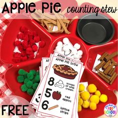 an apple pie counting game is shown with apples and marshmallows on the tray